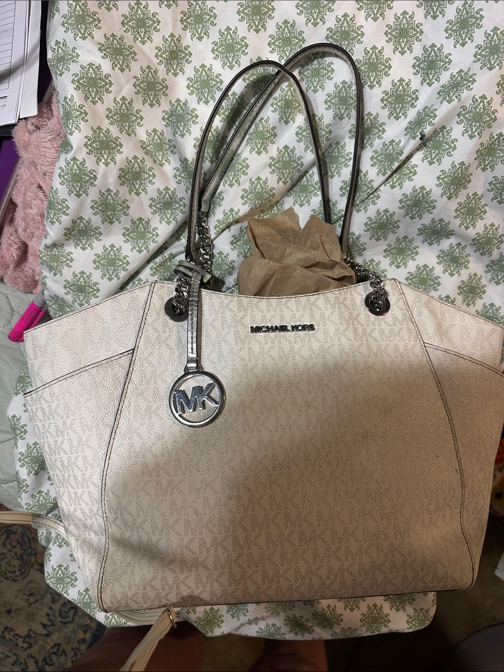Michael Kors white with sliver handles bag with MK Charm